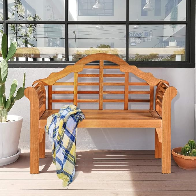 Giantex Outdoor Wood Bench, 4 Ft Foldable Eucalyptus Garden Bench, Two Person Loveseat Chair Solid with Curved Backrest and Armrest Ideal for Patio, Porch or Balcony (Teak) Giantex