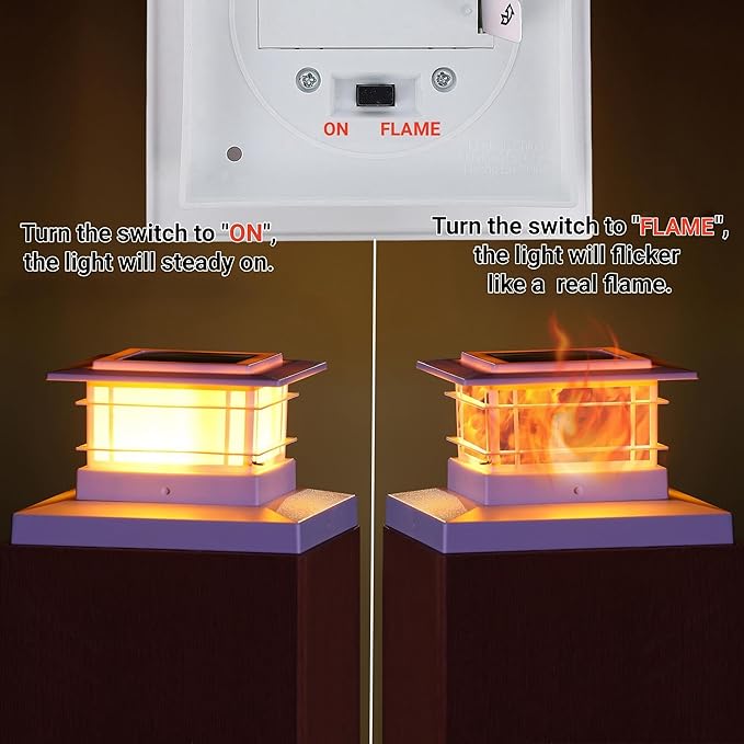 Dynaming 6 Pack Solar Post Cap Lights Outdoor with Flickering Flame Light, White Shell Fence Post Solar Lights Fit 4x4 5x5 Vinyl/Wooden Posts, Brightness LED Lighting Decor for Garden Deck Patio Dynaming