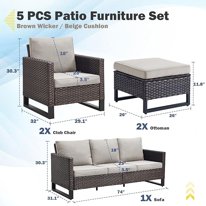 Belord Wicker Patio Furniture 5 Piece Outdoor Sofa Set, Oversize Outdoor Dining Chairs with Rattan Ottomans, Conversation Sets Patio Furniture Come with Removable Cushion Beige, Anti-Rust Frame Belord
