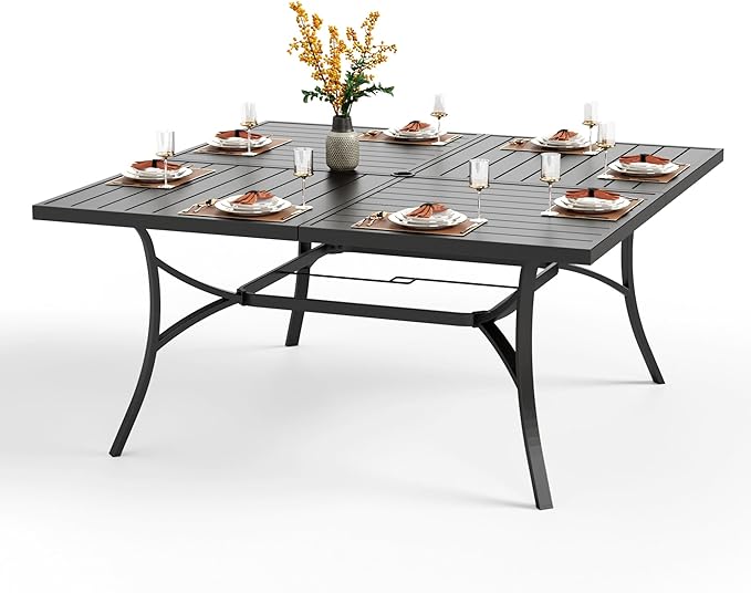 PHI VILLA Large Outdoor Square Dining Table for 8, 60" Metal Steel Slat Table with Umbrella Hole, Weather-Resistant Dining Fruniture for Patio, Deck, Backyard, Porch - Black PHIVILLAThepioneerofcomfortablehouseholdsupplies