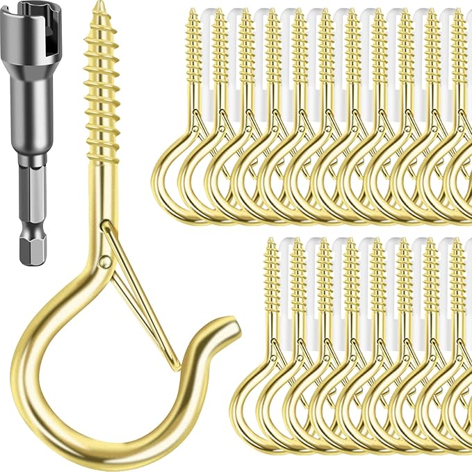 48 PCS Q-Hanger Hooks, Screw Hooks for Outdoor String Lights, Safety Buckle Design Cup Eye Hook for Hanging Christmas Lights, Plants, Mounted on Wall Ceiling, Include 1 Wing Nut Driver, Gold FSAH