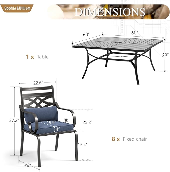 Sophia and William Outdoor Patio Dining Set for 8, Outdoor Table and Chairs, Removable Seat Cushions, Black 37" Patio Dining Table,Blue SophiaWilliam