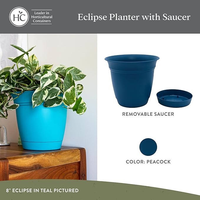 The HC Companies Eclipse Round Planter with Saucer - Outdoor & Indoor Plant Pot with Drainage Holes - Lightweight, UV-Resistant Plastic Pots for Plants, Flowers & Herbs (10" Peacock, Pack of 1) TheHCCompanies