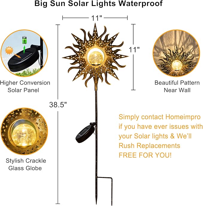 HOMEIMPRO Large Sun Solar Garden Decor Lights Outdoor Garden Gifts Mom Dad, Crackle Glass Metal Stake Backyard Decor, Waterproof LED Lights for Lawn Patio Ornaments, Mothers Day Gifts for Women Homeimpro