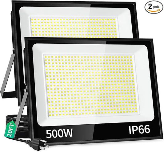 500W LED Flood Light Outdoor with Plug+10ft Cable, 60000LM Ultra Brighter 5000K Exterior Security Light, IP66 Waterproof Commercial Lighting for Sports Fields Counts Arena Stadium(2 Pack) ISUERFY-BornforGlowParty