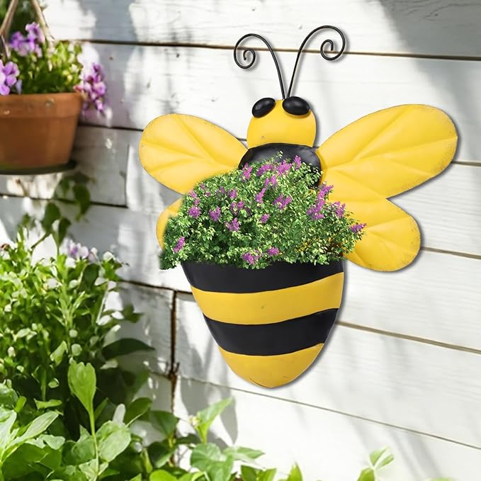 Metal Wall Planter Bee Wall Mounted Planters Small Flower Pot with Drainage for Indoor Outdoor Farmhouse Hanging Planter Succulent Plant Container Vertical Garden Yard Decor Chonsun