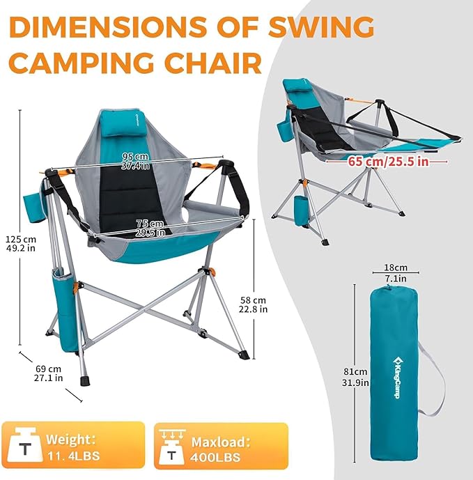 KingCamp Hammock Chair with Footrest – Heavy Duty Swinging Rocking Camping Chairs for Adults up to 400lbs, Folding Portable Oversized Rocker with Cup Holder & Pillow for Outdoor Beach Lawn RV Sports KingCamp