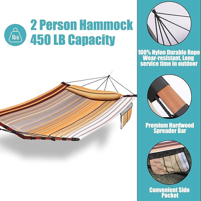 TegerDeger 12FT 2 Person Hammock Large Hammock 450LB Capacity with V Shaped Hardwood Spreader Bar & Nylon Rope for Outside, Patio, Garden, Backyard, Beach, Poolside - Fall Yellow Stripes Tegerdeger