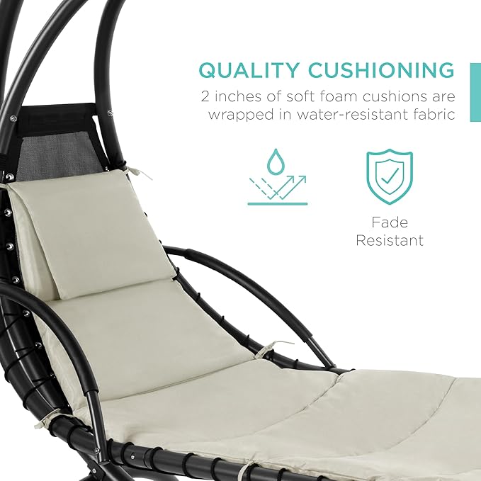 Best Choice Products Outdoor Hanging Curved Steel Chaise Lounge Chair Swing w/Built-in Pillow and Removable Canopy - Ivory BestChoiceProducts