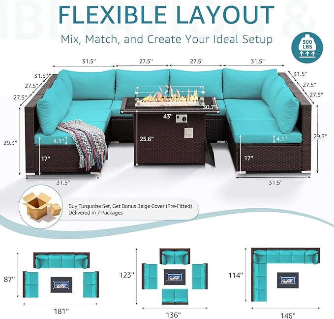 NICESOUL 9 Piece Patio Sectional Set with Firepit Natural Gas/Propane, 29.3'' High Back Tall Big Outdoor Conversation Couch Sets, Wide Sitting Furniture for Outside, Brown Rattan and Teal Cushion NICESOUL
