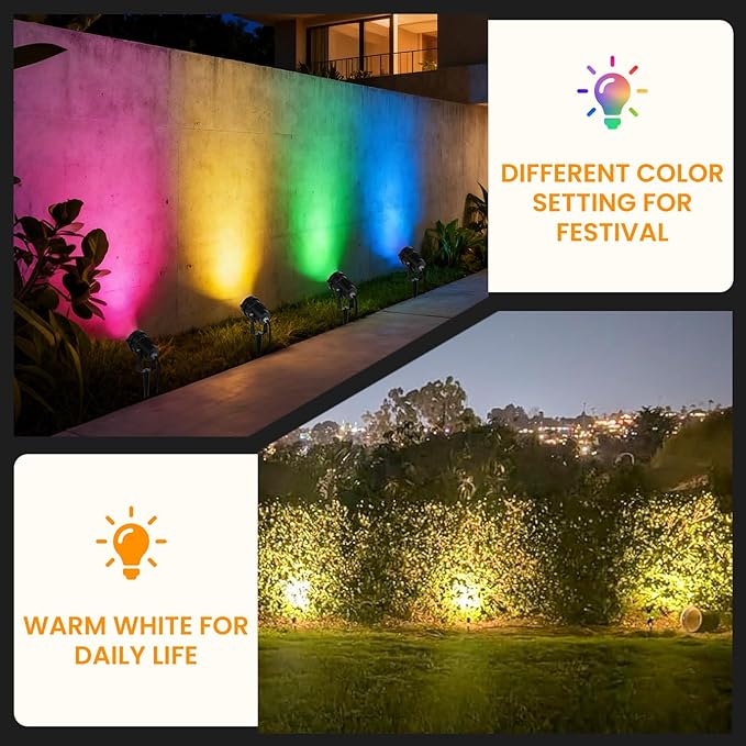 Halloween Christmas Spotlights Outdoor: RGBW Spot lights Plug in 120V Remote Control 16 Color Changing Waterproof LED Landscape Spotlights for Yard Garden Lawn Holiday Décor, 6 Pack (RGB + Warm Light) CoziTech