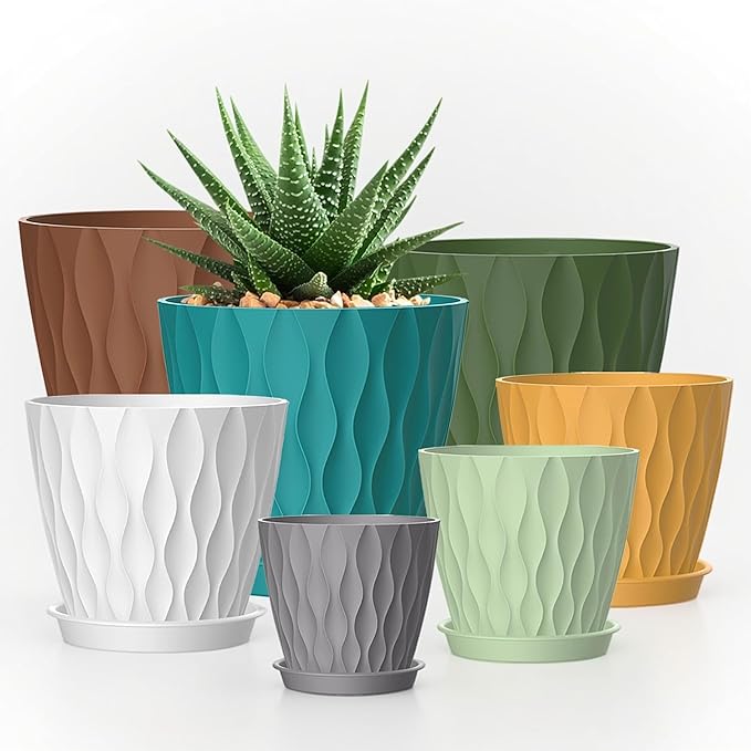 4/4.5/5/5.5/6/6.5/7 Inch Plant Pots,7 Pack Flower Pots with Drainage Holes and Trays,Plastic Planters for Indoor Outdoor Plants Growth,Multicolor SQKH