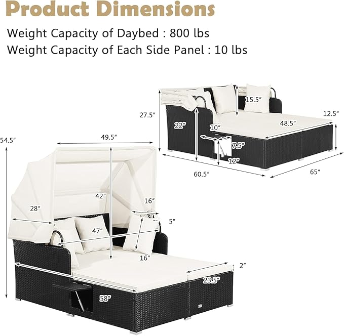 Tangkula Patio Rattan Daybed with Retractable Canopy, Outdoor Wicker Sunbed Lounger with 2 Foldable Side Tables, Thick Seat & Back Cushions, Double Daybed for Garden, Backyard, Porch (Off White) TANGKULA