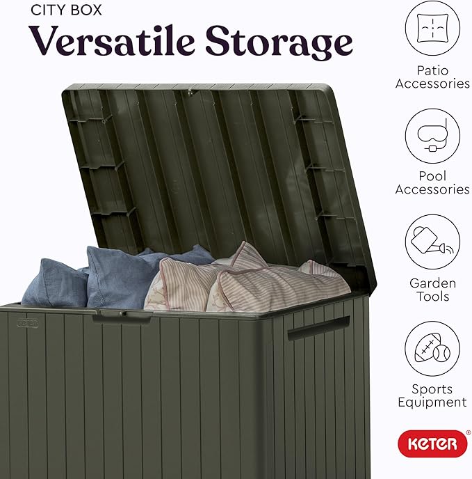 Keter City 30 Gallon Resin Outdoor Storage Box & Patio Side Table for Balcony, Pool, Deck & Garden Accessories, Weather‑Resistant, Mossy Brown Keter