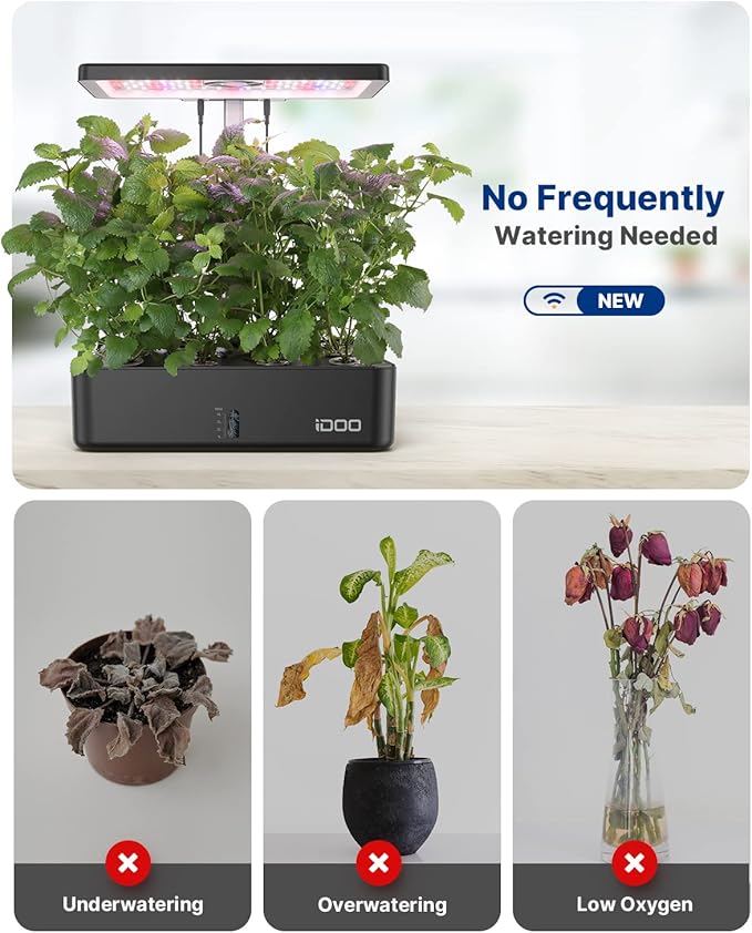 iDOO Hydroponics Growing System Kit 12Pods, Christmas Gifts for Women Mom, Herb Garden Indoor with LED Grow Light for Home, Built-in Fan, Auto-Timer, Adjustable Height Up to 11.3", 12Pods WiFi-Black idoo