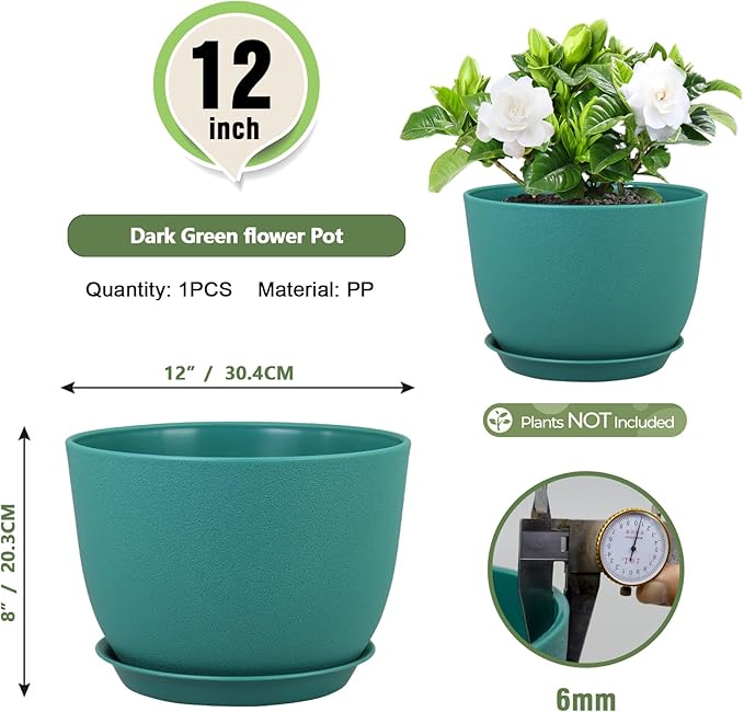 Plant Pots 12 inch, Plastic Planters with Drainage Holes and Saucers, Large Flower Pots for Indoor Outdoor Plants, Modern Decorative Pots for Garden House Plants, Blue Green Meowell