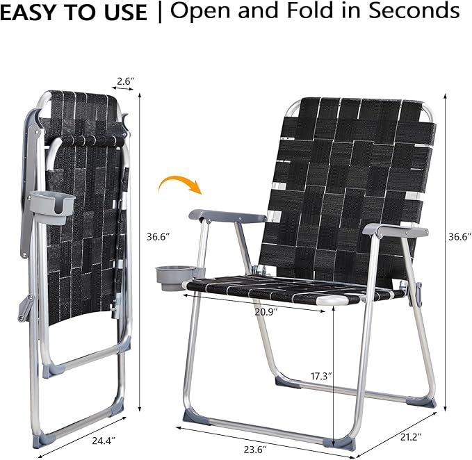 VINGLI Aluminum Oversize Patio Lawn Chairs Folding Set of 2 with Detachable Cup Holder, Webbed Beach Chair Folding Chair Outdoor Portable Camping Chair for Yard, Garden VINGLI