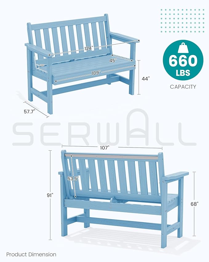SERWALL Outdoor Bench, HDPE Outdoor Benches Weatherproof, 2-Person Garden Bench with 660 lbs Weight Capacity, Patio Benches for Outdoors, Garden, Porch, Backyard and Park, Light Blue, 6 Pack SERWALL