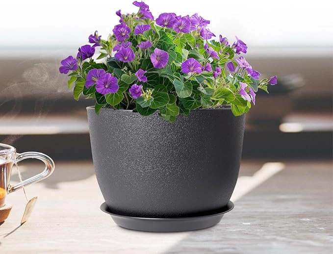 12 inch Large Plant Pots, Plastic Planters with Drainage Holes and Saucers, Flower Pots for Indoor Outdoor Plants, Modern Decorative Pots for Garden House Plants, Black Meowell
