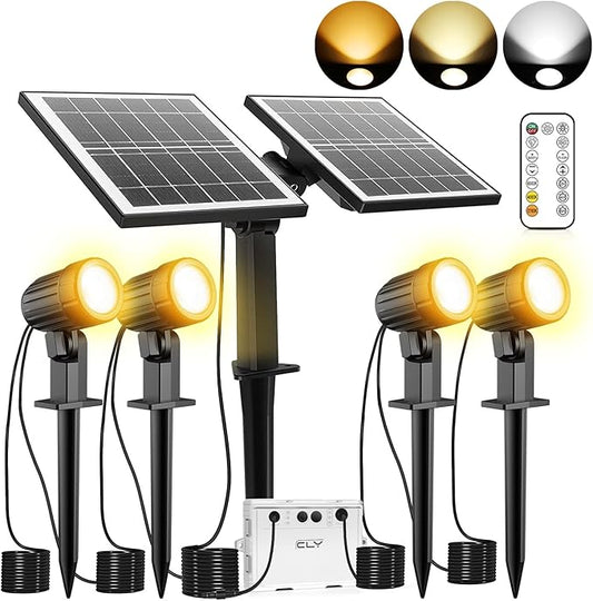 CLY Solar Landscape Spotlights, Solar Landscape Lights Outdoor IP66 Waterproof, Remote Control 2Modes 3Brightness Adjustable 2700-6500K Auto On/Off 14M Cable for Garden Pathway Trees Flag 4 in 1 CLY
