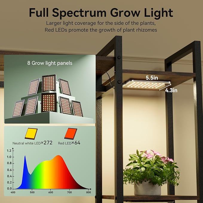 Plant Stand Indoor with Grow Lights 11 Tiered Wood Indoor Plant Shelf 62" Tall Plant Stand Metal Frame for Indoor Plants Multiple Flower Pot Holder, Large Plant Rack for Living Room Patio Corner Rootora