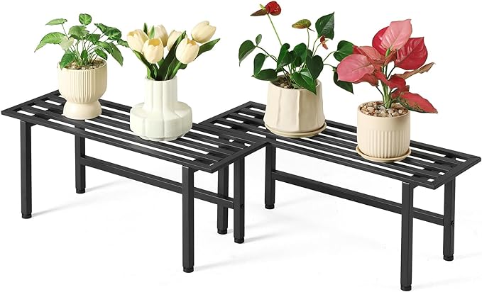 2 Pack Metal Plant Stand Outdoor Plant Shelf Indoor,1 Tier Heavy Duty Plant Stands for Multiple Plants,26" L x 10.12" H x 8.75" W,Black Dipion