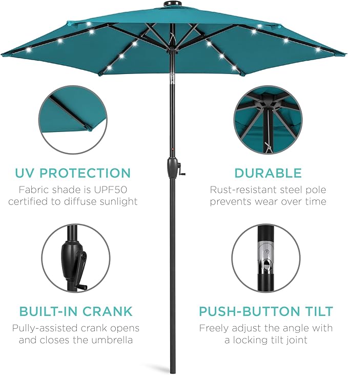 Best Choice Products 7.5ft Outdoor Solar Market Table Patio Umbrella for Deck, Pool w/Tilt, Crank, LED Lights - Cerulean BestChoiceProducts