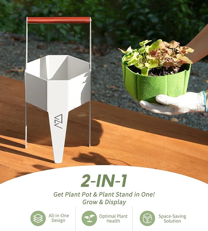 Planter with Stand, Metal 2 in 1 Portable Planter with Grow Bags & Handle, Stable Stylish Indoor Plant Pots with Stand, Modern Flower Pots Outdoor, 7.5'' x 17.3'', White, Plant Not Included SculptingLightGarden