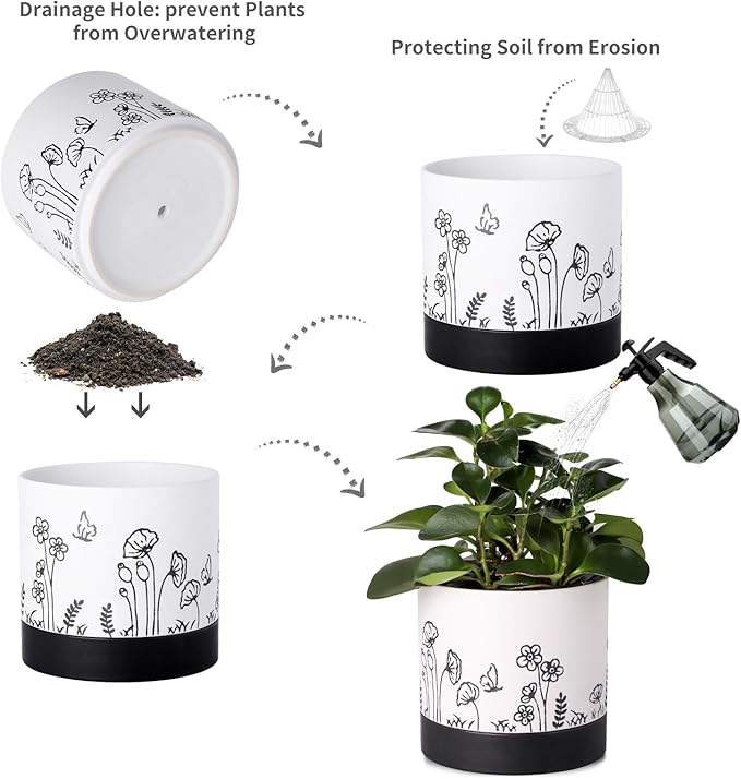 Nihow Ceramic Plant Pot: 6 Inch Planter with Drainage Hole & Saucer for Indoor & Outdoor Plants - Cylinder Round Flower Pot for Succulent/Herbs/Violets - White Nihow
