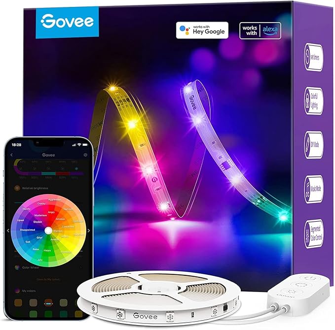 Govee RGBIC Alexa LED Strip Light 16.4ft, Smart WiFi LED Lights Work with Alexa and Google Assistant, Segmented DIY, Music Sync, Color Changing LED Strip Lights for Room, Bedroom, Holiday Govee