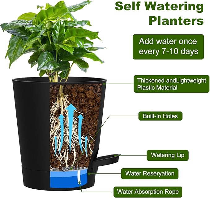 Self Watering Pots, 4 inch Flower Pots with Multi Mesh Drainage Holes, Small Platic Planters for Indoor Outdoor Garden Plants and Flowers (Black, 4") Rootora