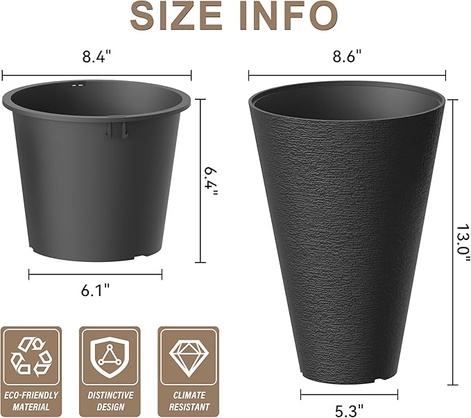 Kante Tall Round Planter Set of 2, 13 Inch Tall Decorative Planter Pots for Outdoor Indoor Garden Patio Front Porch (Brunish Black) Kante