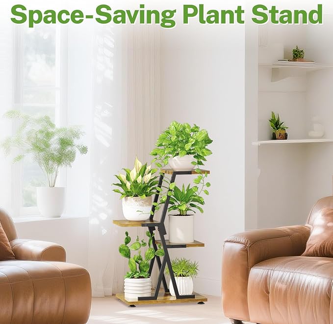 iDavosic.ly 3 Tier Indoor Plant Stand, Corner Tall Metal & Wood Flower Shelf, Orchid Display Rack for Living Room Balcony Patio Porch, Space Saving & Multifunctional Display, Black & Brown iDavosicly