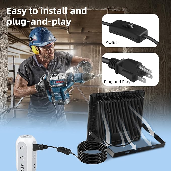 100W Flood Lights Outdoor,12000LM Bright LED Work Light,IP66 Waterproof Outdoor with Switch and 6.5FT Plug,6500K Daylight White Outside Lights for Yard，Garage,Garden,Stadium(2 Pack) Rootora