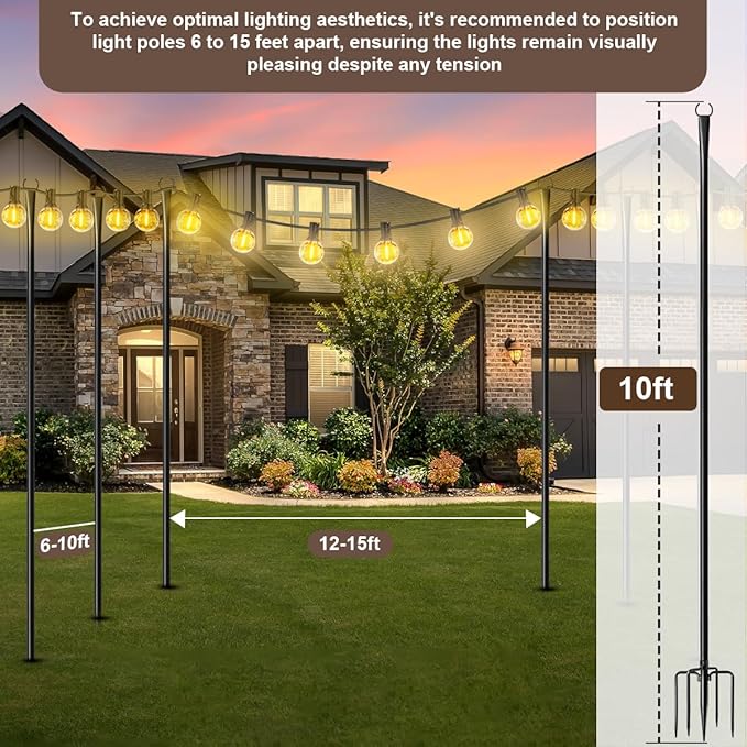 4 Pack String Light Poles for Outdoor,Metal Light Hanging Pole Outside with Fork,Light Stand for Patio, Pergola, Garden, Backyard, Yard, Camping Party (4 Pack) Rootora