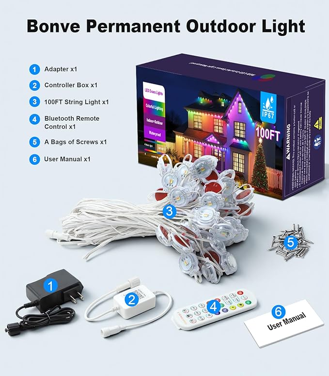 100FT Permanent Outdoor Lights for House, 2025 RGB LED Waterproof Christmas Lights Outdoor with Smart APP Remote Control, Outside Eaves Lighting House Decor for Holiday, Halloween, Roof, Party, Daily BonvePet