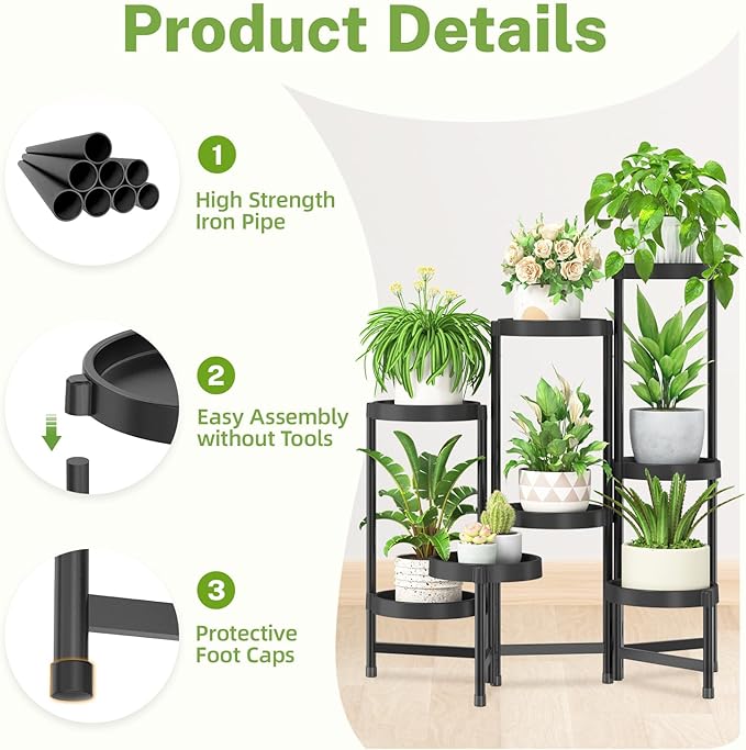 iDavosic.ly 8 Tier Folding Plant Stand Indoor Outdoor with Plastic Tray, Tiered Corner Flower Holder Shelf, Metal Orchid Display Rack for Patio Porch Living Room Garden Balcony, Modern Black iDavosicly