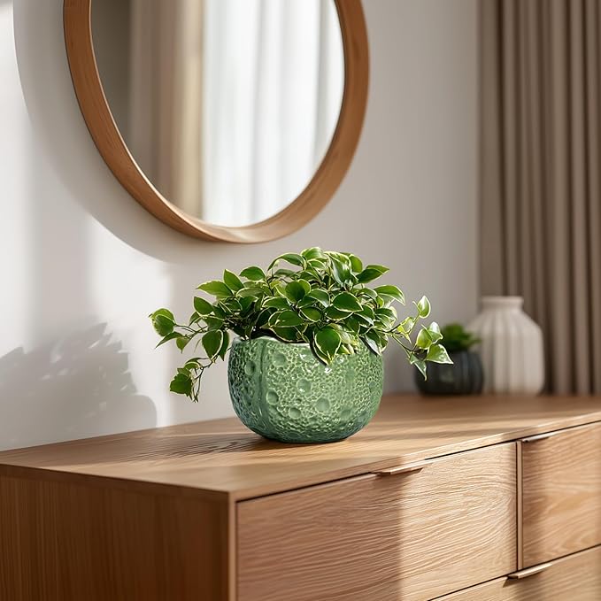 6 Inch Plant Pot - Orchid Pot with Drainage Hole, Ceramic Planter for Indoor Outdoor, Decorative Plant Pots, Modern Round Unique Flower Pots, Living Room Decor, Gifts for Women Men, Green Thirtypot