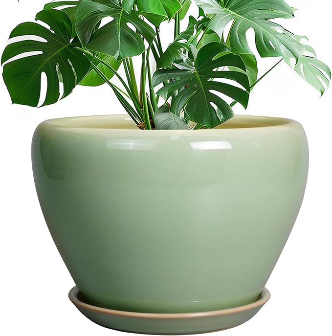 Ceramic Planter Pot - 10 Inch Plant Pot for Indoor Plants Decorative Planter with Drainage Hole and Saucer Large Pot for Plants Outdoor Round Flower Pot for Garden Green Ceramicfor