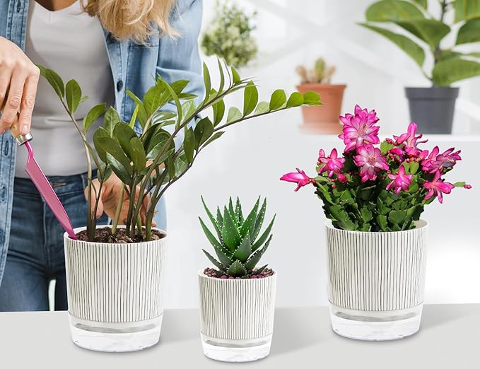 Self Watering Pots for Indoor Plants, 5 & 4 Inch Stylish Flower Pots, Set of 4 Modern Planters with Self Watering Plant Feature (Black Stripes) Etvski