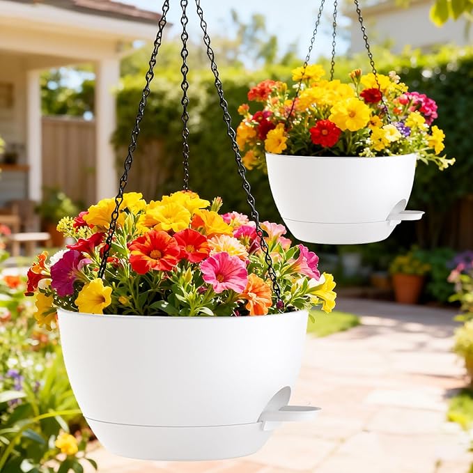 10 Inch Hanging Baskets 2 PC with Chains, Self-Watering Hanging Planters for Indoor Outdoor Plants, Plastic Hanging Flower Pots,White SQKH