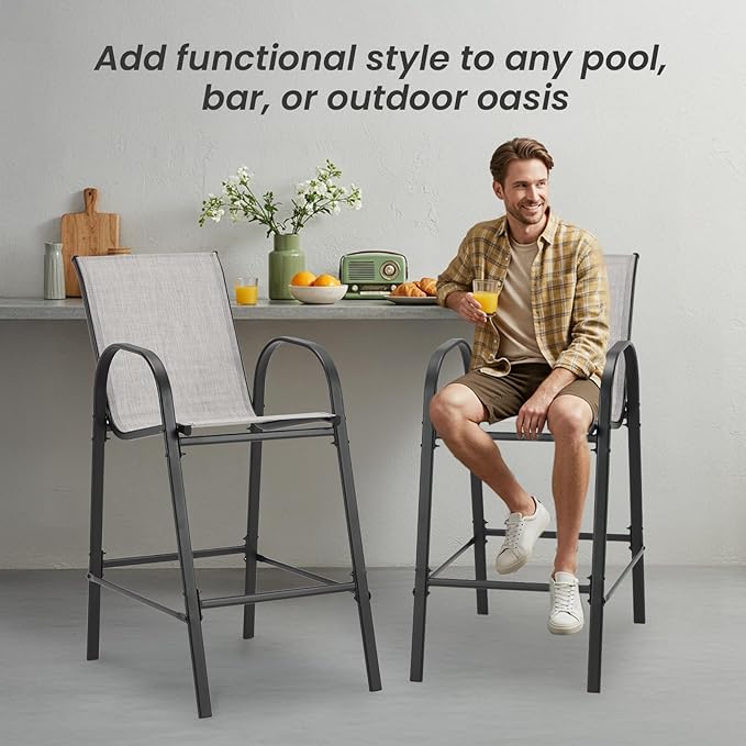 HOMREST Outdoor Bar Height Stools Set of 4,High Back Patio Chairs with Armrests,Textilene Chairs with Breathable Fabric & Metal Frame for All Weather,Light Grey HOMREST