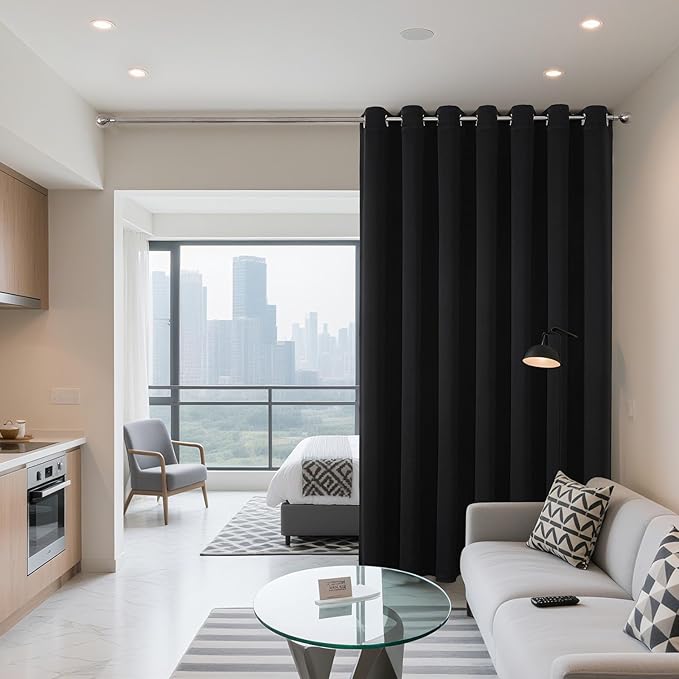 Joydeco Blackout Patio Sliding Door Curtains 96 Inches Long, Grommet Privacy Room Divider Curtains, Extra Wide Thermal Blackout Drapes for Bedroom Living Room (Black, 80Wx96L, 1 Panel) JOYDECO
