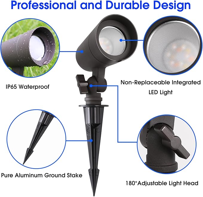 3CCT LED Landscape Lights with Connectors, 12V Low Voltage, 3000K/4000K/5000K Selectable, 3W, 200LM, Outdoor Waterproof Garden Pathway Lights Wall Tree Flag Spotlights with Spike Stand, 8 Pack EENERGETICLIGHTING