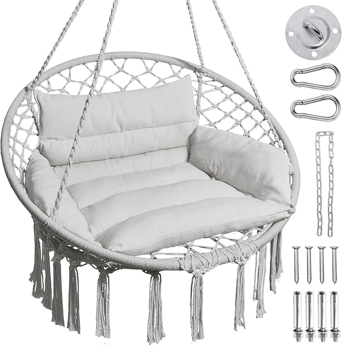 Greenstell Hammock Chair, Macrame Swing Chair with Comfy Cushion, Boho Hanging Chair for Outdoor & Indoor, Perfect for Bedroom, Patio, Balcony, Hold up to 350Lbs, Grey Greenstell