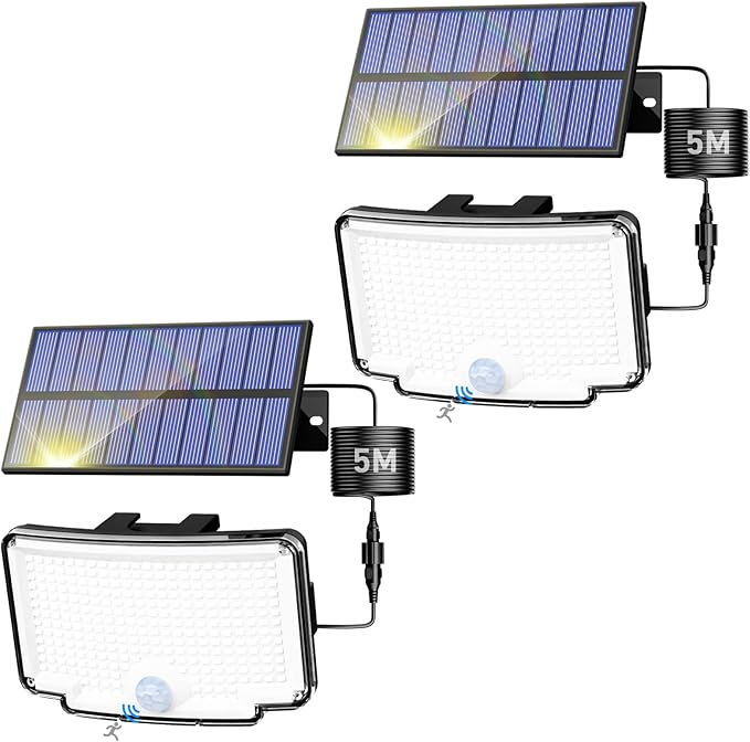 Peasur Solar Lights Outdoor Waterproof, [318 LED/3 Modes] Solar Motion Security Light, Flood Lights with 16.4 FT Cable for Outside Garden Garage Yard, 2 Pack Peasur