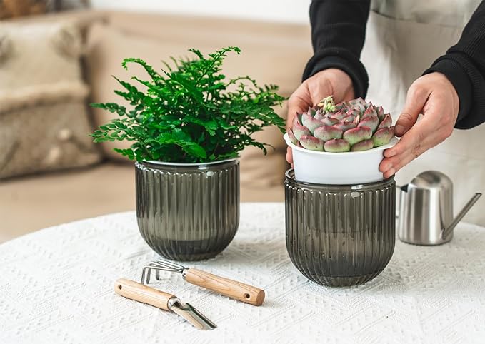 Melphoe 2 Pack Self Watering Hanging Planters Indoor Flower Pots, 5.3 Inch Outdoor Hanging Basket, Plant Hanger with 3Hooks Drainage Holes for Garden Home (Gray) Melphoe