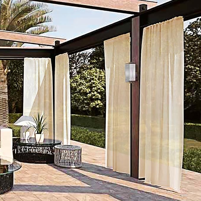 SpaceDresser Waterproof Outdoor Sheer Curtains for Patio - 2 Panels Rod Pocket Indoor Voile Sheer Curtain for Living Room,100W x 108L inch, Beige SpaceDresser