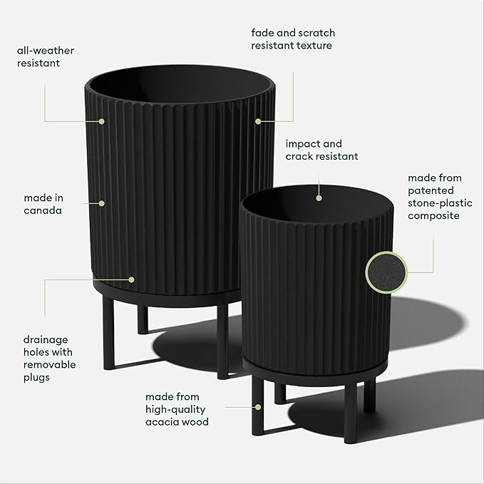 Veradek Demi Series Round Planter w/Stand for Porch/Patio | Durable Plastic-Stone Composite & Wooden Stand | Modern Décor for Tall Plants, Flowers VeradekOutdoor
