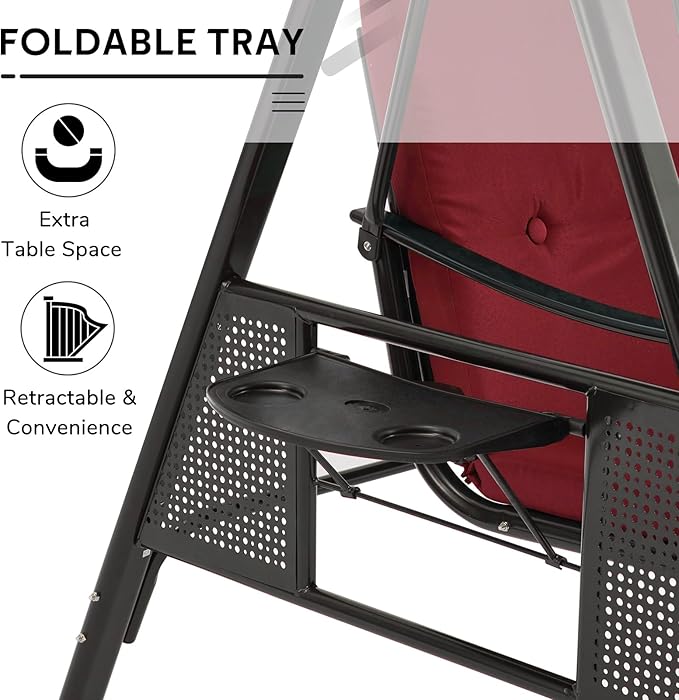 U-MAX 3-Seat Porch Swing Chair Steel Frame, Patio Swing Chair with Stand and Removable Cushions, Outdoor Canopy Swing Chair for Outside, Backyard, Garden, Burgundy Cushion U-MAX